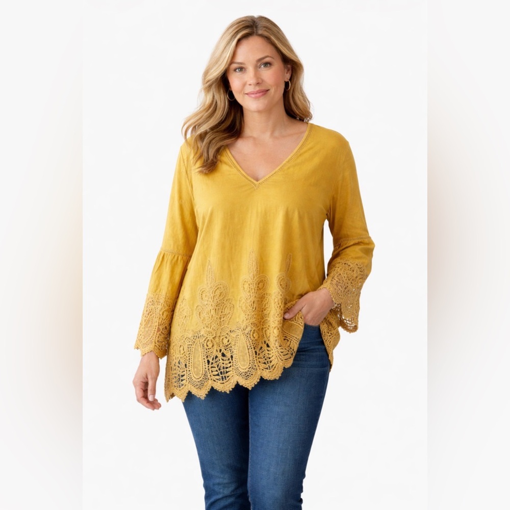 Chico’s Embroidered Bell Sleeve Top Mustard Boho‎ Artsy